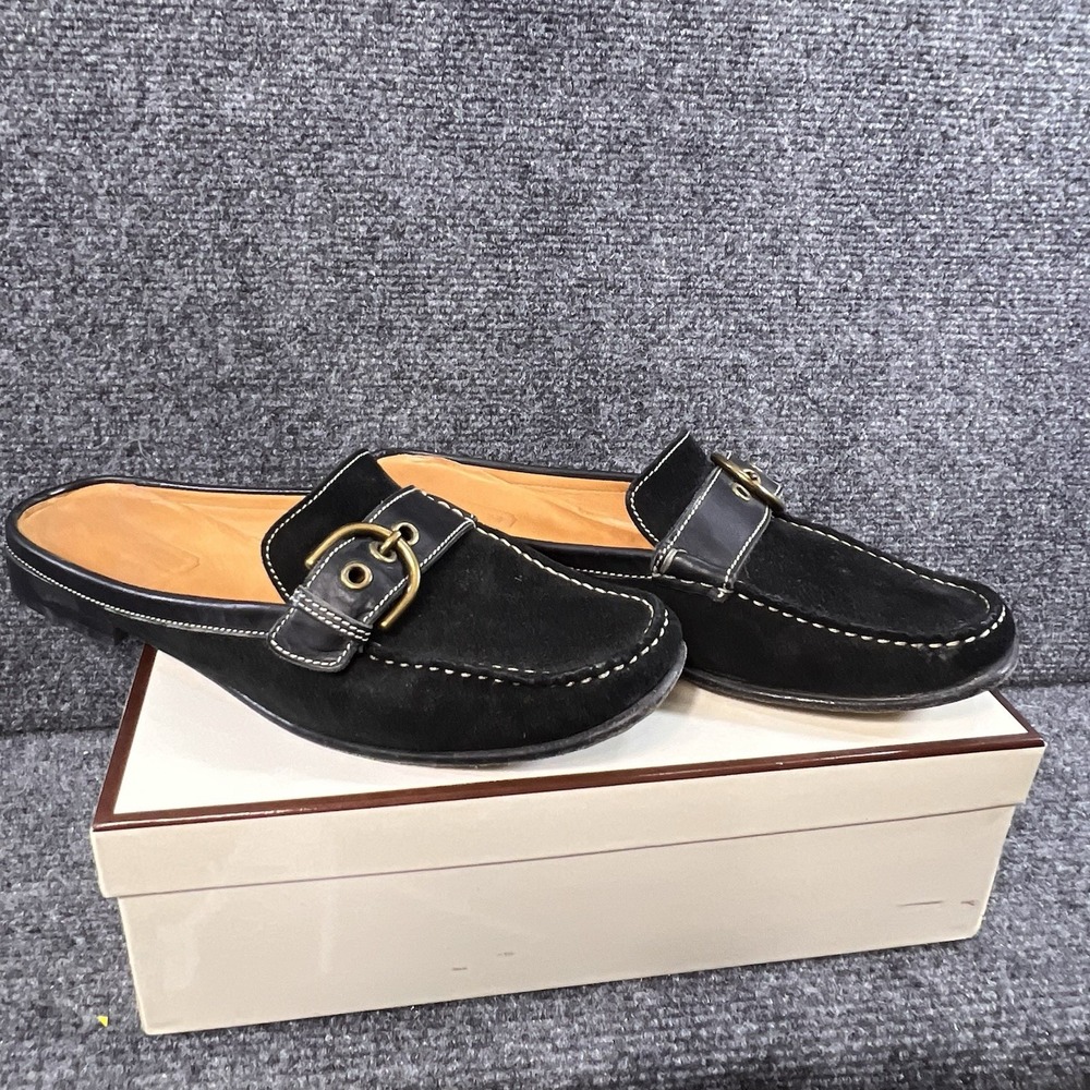 Vintage Coach Erica Suede Slip-on Mules 7.5M Black Buckle Square Toe Y2K Career
